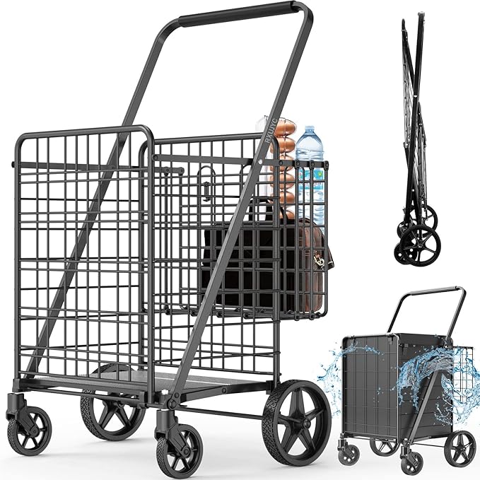 450lbs Capacity Shopping Cart,Upgrade Huge Grocery Cart on Wheels,Heavy Duty Foldable Utility Shopping Carts with Double Basket and 360° Rolling Swivel Wheels for Groceries Laundry Transport 1