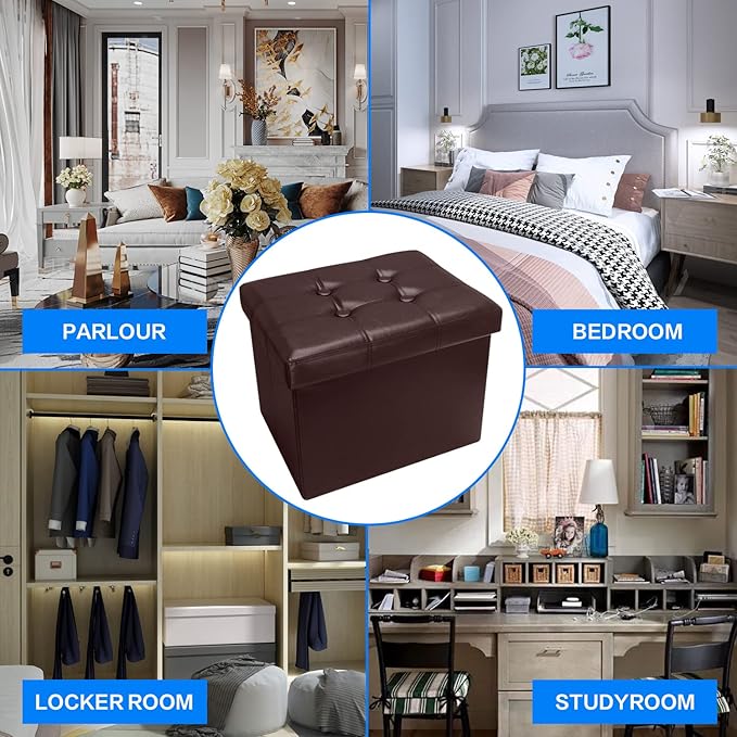 2PC Storage Ottoman, Folding Foot Stool with Thicker Foam Padded Seat Small Leather Storage Ottoman Bench Foot Rest for Living Room Foldable Coffee Table 17x13x13in,Brown
