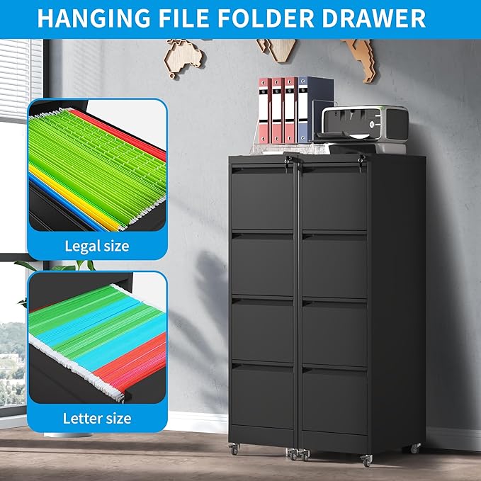 4-Drawer Mobile File Cabinet with Lock and Wheels, Tall Vertical Filing Cabinets Steel Rolling Storage Cabinet for Home Office Legal/Letter/A4 Files, Require Assembly (Black)