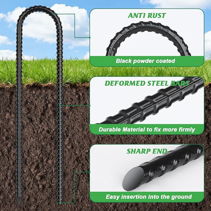 Gtongoko Trampolines Wind Stakes 16 Pack 12 Inch with T Hook, 0.3 Inch Thick Heavy Duty U Shaped Ground Anchors Galvanized Steel Safety Trampoline Anchors for Camping Tents, Soccer Goals