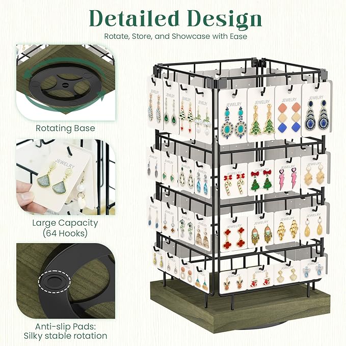EsLuker.ly Rotating Earring Display Holder Stand for Vendors Events Selling, Large Capacity 64 Hooks Jewelry Rack with Wooden Base for Earring Card Sales, Enhances Retail Visibility(Rustic Gray)