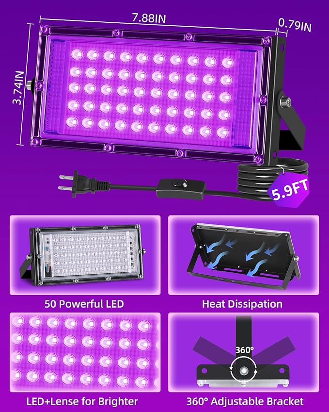 50W LED Black Lights IP66 Waterproof Black Light Outdoor with 5.9ft Plug+Switch,Flood Blacklight for Halloween Glow in The Dark Party Stage Light Neon Glow Birthday 1 Pack