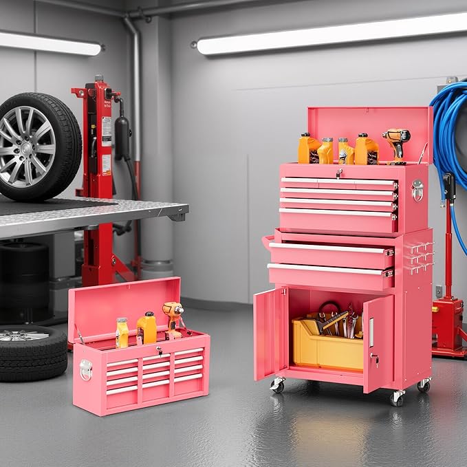 Bonusall 8 Drawer Rolling Tool Chest and Cabinet Combo,Heavy-Duty Metal Garage Tool Chest with Wheels and 2 Doors,2-in-1 Top Box and Roller Cabinet Combo for Garage, Workshop, Warehouse-Pink
