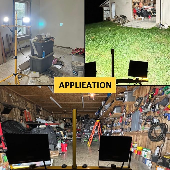 Work Lights with Stand 21000 Lumen, 2 Adjustable Heads Work Lights on Stand, with Adjustable and Foldable Tripod Light Stand for Outdoor Indoor Workshop Garage Construction Site Lighting