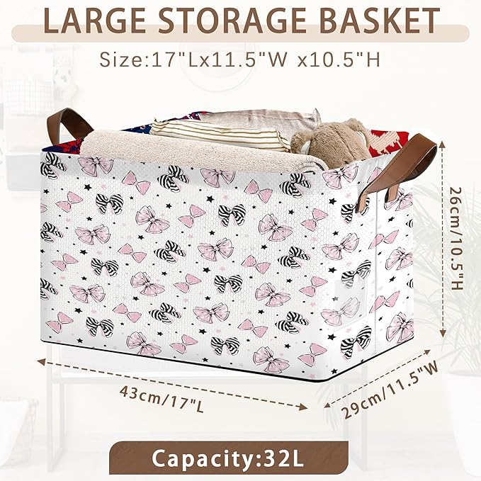 Bowknot Storage Basket Large 17x11.5x10.5 Inches - Collapsible Fabric Organizer Bin with Handles for Toys,Laundry,Closet - Foldable Decorative Hamper with Bow Design - Single Pack