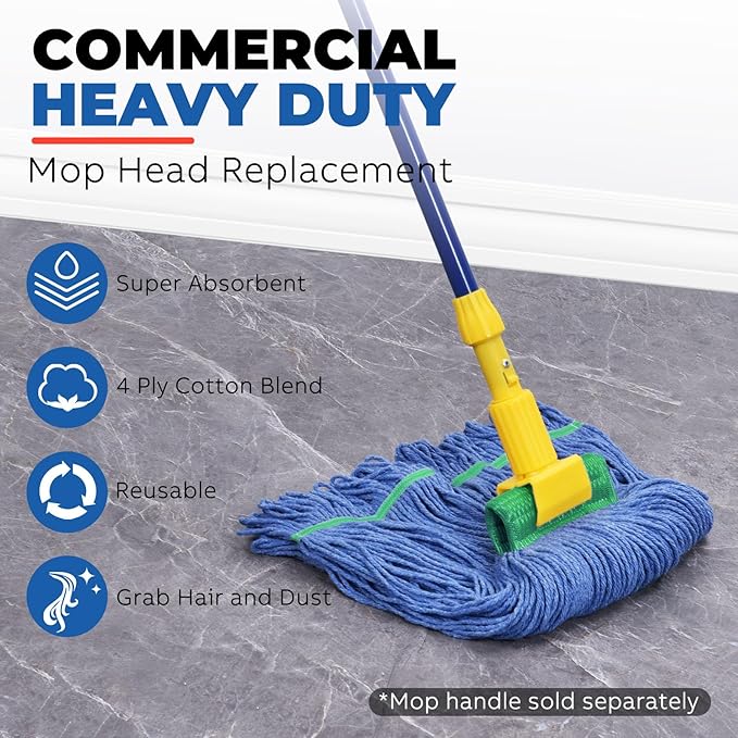 Onesimus 24 oz Heavy Duty Mop Head Replacement, 5 Inch Headband for Quick Change Handle, Blue Loop-End Cotton Blend String Wet Dry Floor Mop Refill Commercial Cleaning Supplies, 1 Pack Large