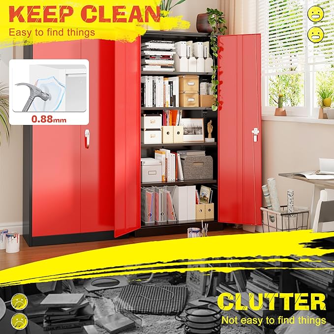 Pataku Metal Storage Cabinet, 72" Garage Cabinet with Doors and Shelves Lockable Steel Multifunctional Cabinets, File Cabinets for Home, Office, Warehouse(Black Red)