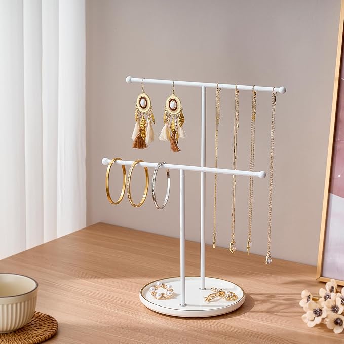 White Jewelry Holder Stand with Ceramic Tray: Small Hanging Necklace Organizer Tree for Earrings, Bracelets, Rings – Jewelry Display Hanger for Women & Girls, White
