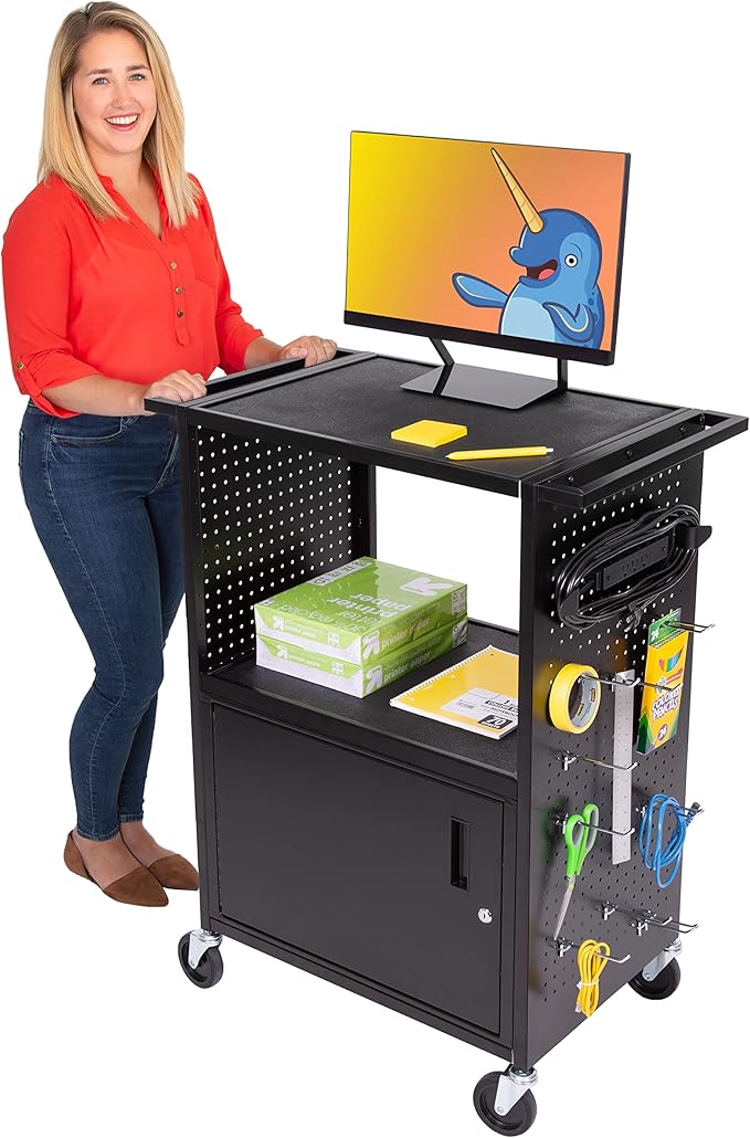 Line Leader Stellar AV Cart - Computer Cart with Customizable Pegboard & Hooks, Locking Cabinet, UL Certified Power, Mobile Workstation with Locking Wheels, Ideal for Laptop & Charger Storage