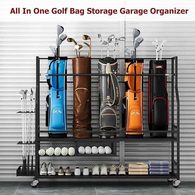 PeakPursuit Golf Bag Organizer and Storage Rack Stand Holder Fits Golf Club Bags and Multiple Golfing Equipment Accessories, Storage Rack with Drawers and Wheels for Indoor/Outdoor Garage, Clubs