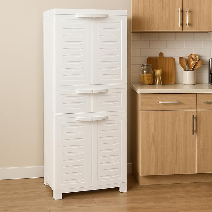 Sunnydaze Plastic Garage Storage Cabinet with 2 Adjustable Shelves - 57" H - Garage, Office, Home, Laundry Room - Speckled White