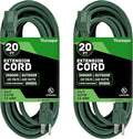 2 Pack of 20 Ft Green Extension Cord with 3 Prong - 16/3 SJTW Weatherproof Water Resistant Outdoor Extension Cord