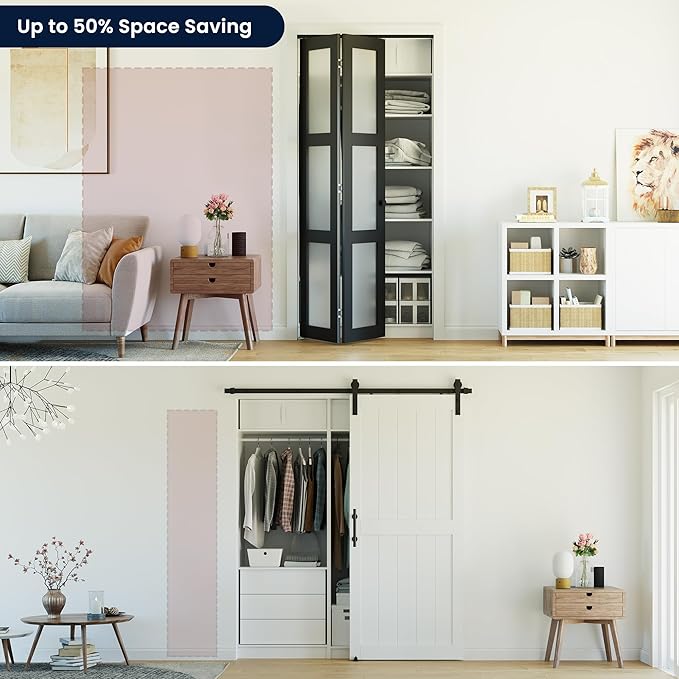 Bifold Doors for 64" x 80" Opening, 3-lite Tempered Frosted Glass Closet Folding Doors with Hardware kit Included, Easy Assembly, Black