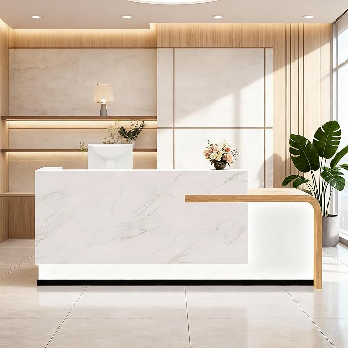 Modern Reception Desk with Counter Front Reception Table with Hidden LED Lighting Commercial Receptionist Desk White and Wood Checkout Counter Fully Assembled and Ready to Use 94inch