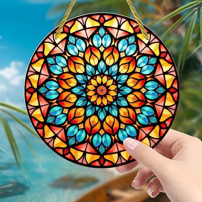 Acrylic Stained Panel Hanging-Radiant Floral Display Round Window Hanging Ornament,Wall Art Panel for Indoor/Outdoor Decor,Gift,Birthday for Women, Men, Wife, Aunt, and Mom 7.8in