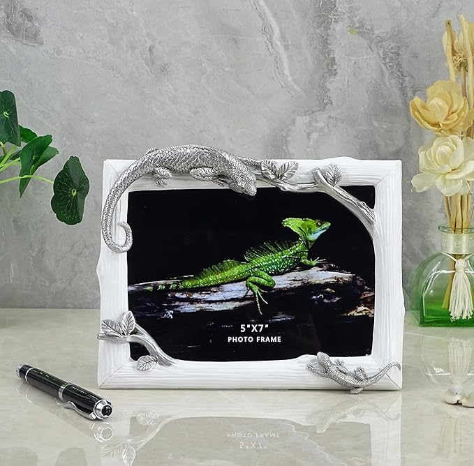 5x7 Inch Lizard Resin Picture Frame - Mother & Baby Wildlife Design, Decorative Tabletop Photo Display, Unique Home Décor Art