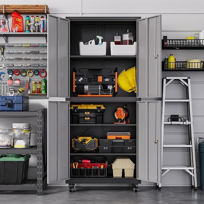 Letaya Metal Garage Storage Cabinet with Wheels,Steel Tool Rolling Cabinets with Lock Door and Adjustable Shelves fro Home Utility Organization Room (1PC-Black Gray)