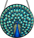 Full-Show Peacock Stained Glass Sun Catcher, 6 Inch Round Hand-Painted Window Hanging with Chain, Vibrant Glass Art for Home Garden Decor, Unique Gift for Nature & Bird Lovers