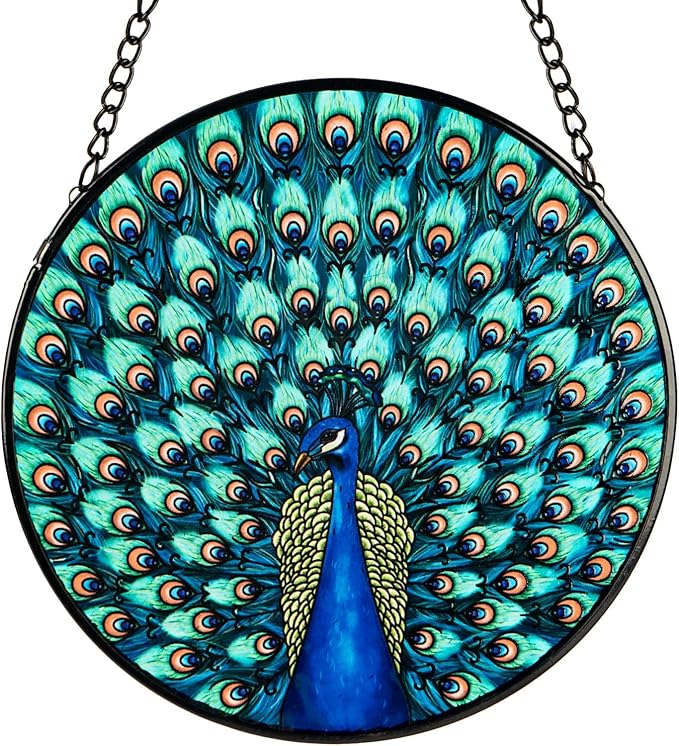 Full-Show Peacock Stained Glass Sun Catcher, 6 Inch Round Hand-Painted Window Hanging with Chain, Vibrant Glass Art for Home Garden Decor, Unique Gift for Nature & Bird Lovers