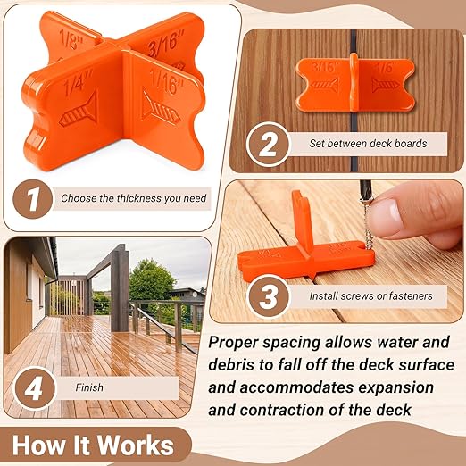 8 Pcs Deck Spacer Tool, Orange Deck Board Spacers with 4 Thicknesses 1/16", 1/8", 3/16", 1/4", Deck Spacers Jig Clamp for Pressure Treated Composite Decking Boards