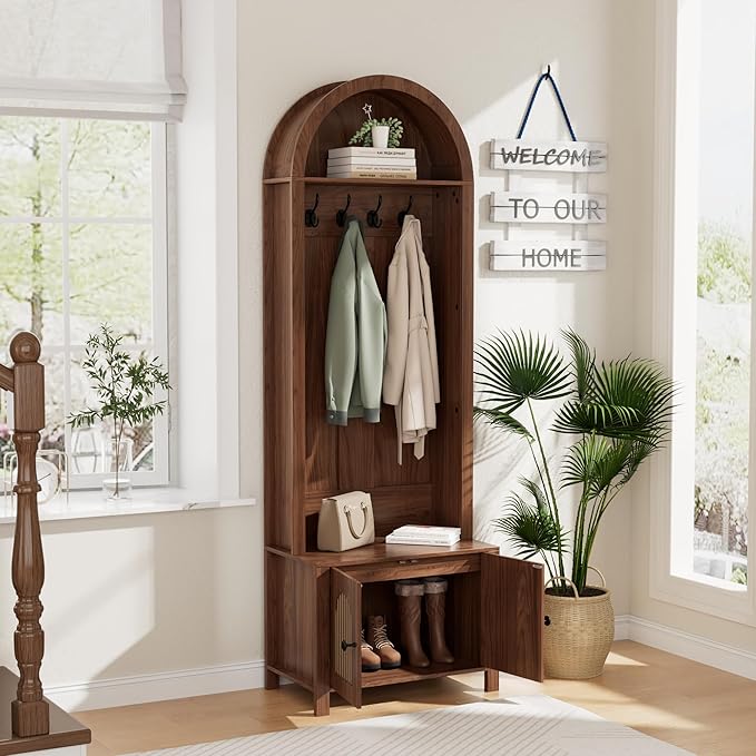 Hall Tree with Bench and Shoe Storage, Entryway Storage Bench with Coat Rack, 70.9"Arch Coat Rack with 4 Hooks and 2 Fluted Doors, Farmhouse Style Furniture Organizer for Hallway (Walnut, 23.7"W)