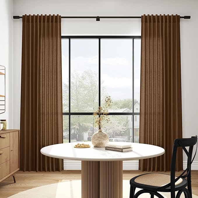 Nanspring Tobacco Brown Linen Curtains 63 Inches Long 2 Panels for Living Room Back Tab Pocket Light Filtering Translucent Modern Farmhouse Cotton Linen Curtain Texture 52X63 Inches