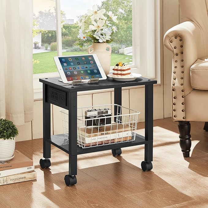 2 Tier Under Desk Printer Stand with Storage, Small Printer Table with Charging Station, Rolling Printer Cart Shelf with Lockable Wheels for Home, Office (Black)