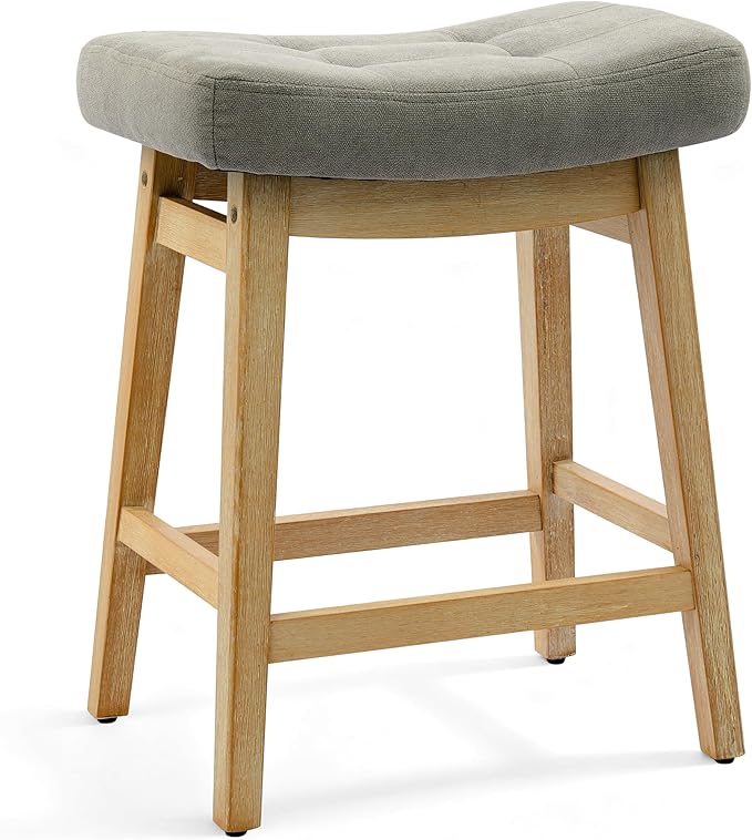 Counter Height Bar Stool for Kitchen Counter Modern Backless Barstool with Upholstered Fabric Seat and Solid Wood Leg Farmhouse 24 inch Bar Chair, Grey + Wood Color, 1pc