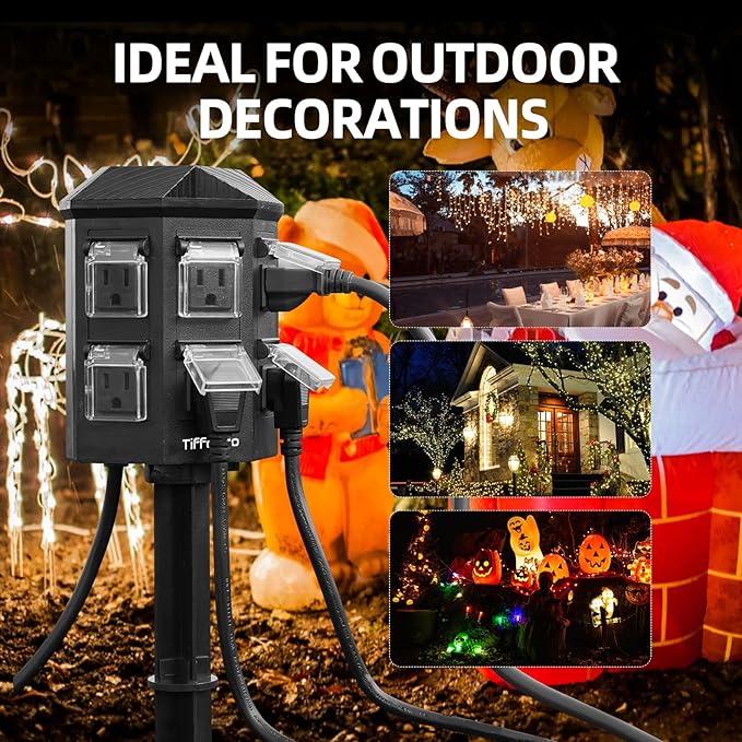 TiFFCOFiO Outdoor Power Strip Weatherproof, 25 FT Extension Cord with Stake, 6 Grounded Outlets for Christmas Yard Decorations and Inflatables, 15A/1875W, ETL Listed
