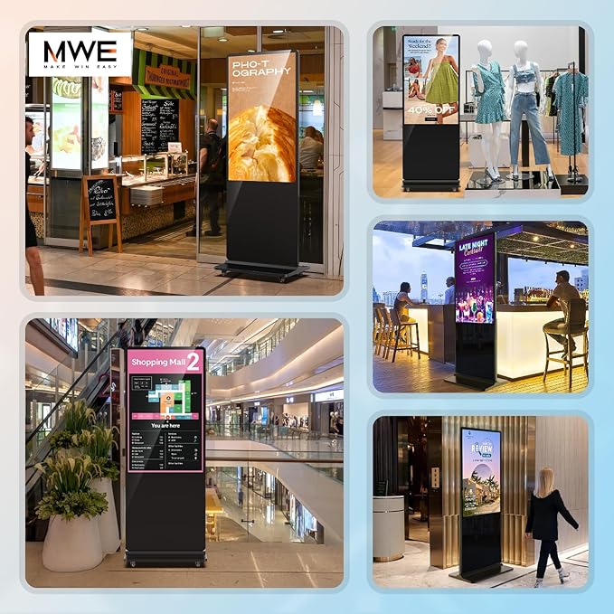 MWE 43 Inch Digital Signage Displays, 4K LCD Screen Indoor Floor Standing Advertising Kiosk, Android System Commercial Totem with Custom Service, Vertical Poster with Auto Media Player-Black