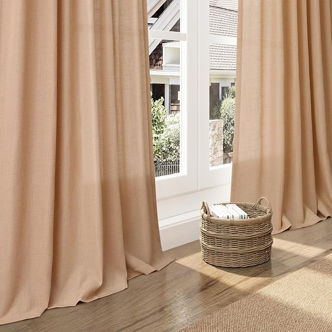 Nanspring Camel Linen Semi Sheer Curtains 2 Panels Set for Living Room Back Tab Rod Pocket Window Drapes Light Filtering Elegant Farmhouse Curtain 100 Inches Long for Dining Room Bedroom 52x100