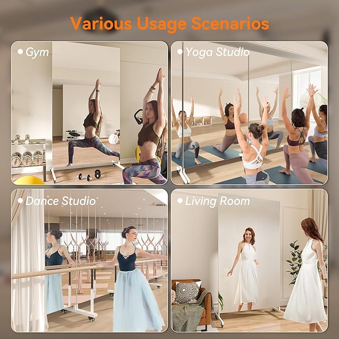 Hasipu Home Gym Mirror 360° Swivel on Wheels, 71" x 32" Extra Large Full Body Rolling Mirror for Yoga Studio, Bedroom, Dancing Studio, White