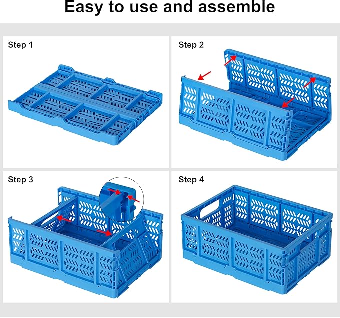 Heavy Duty Plastic Milk Crates for Storage, 4-Pack Stackable Storage Bins for Organizing, Collapsible Storage Basket with Handle for Groceries, Suitable for Home Office School Store, Blue