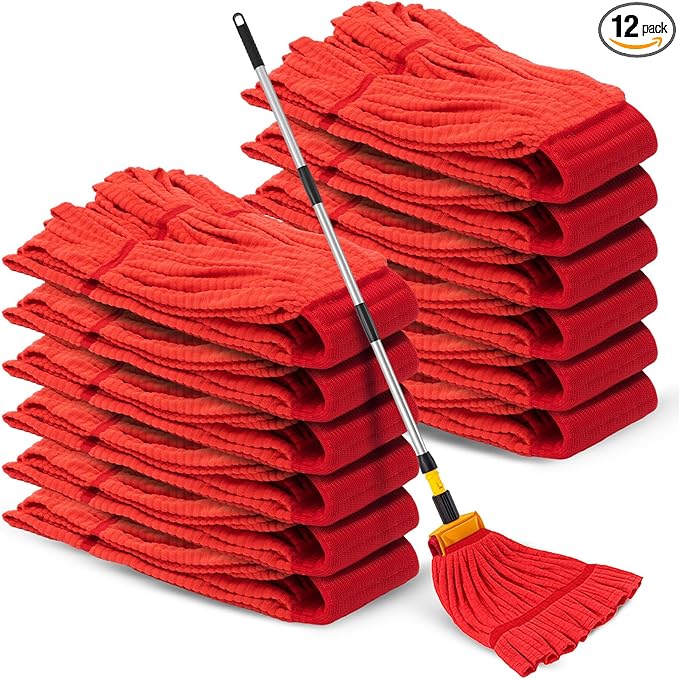 Hushee 12 Pack Large Microfiber Tube Mop Heads 18 oz Heavy Duty Commercial Industrial Wet Mop Head Refill Reusable Machine Washable Looped End Mopheads for Hardwood, Tile, Laminate Floors (Red)