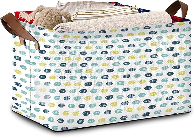 Cute Fish Storage Basket Large 17x11.5x10.5 Inches - Collapsible Fabric Organizer Bin with Handles for Kids Room,Laundry,Toys - Foldable Decorative Hamper with Cartoon Fish Design - Single Pack