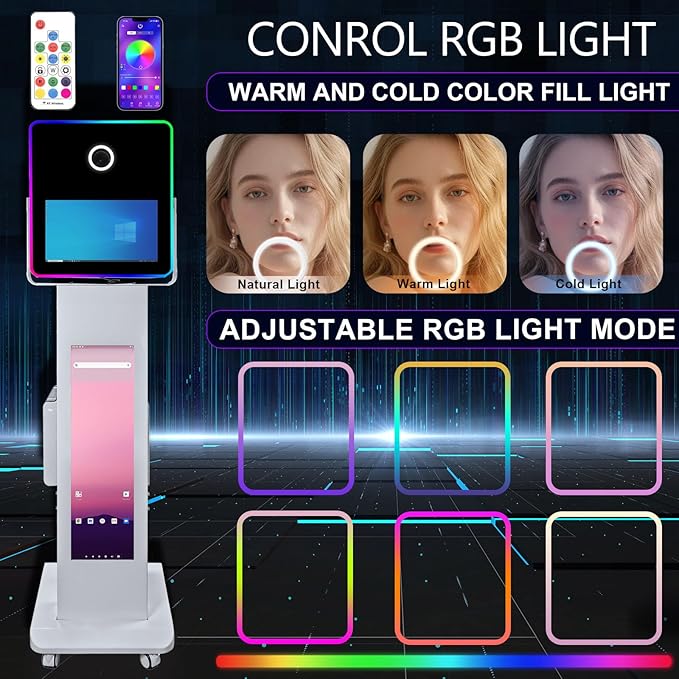 29in LCD Display Photo Booth Machine with 15.6in Mirror Touch Screen Selfie Station Shell Stand DIY Photobooth Machine with RGB Light for Parties Weddings Event (Machine+Camera)