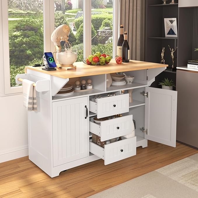 Merax 55.7" Upgraded Large Kitchen Cart Island on Wheels with 2 Drop Leaf,Power Outlet,3 Drawers,Wood Storage Cabinet