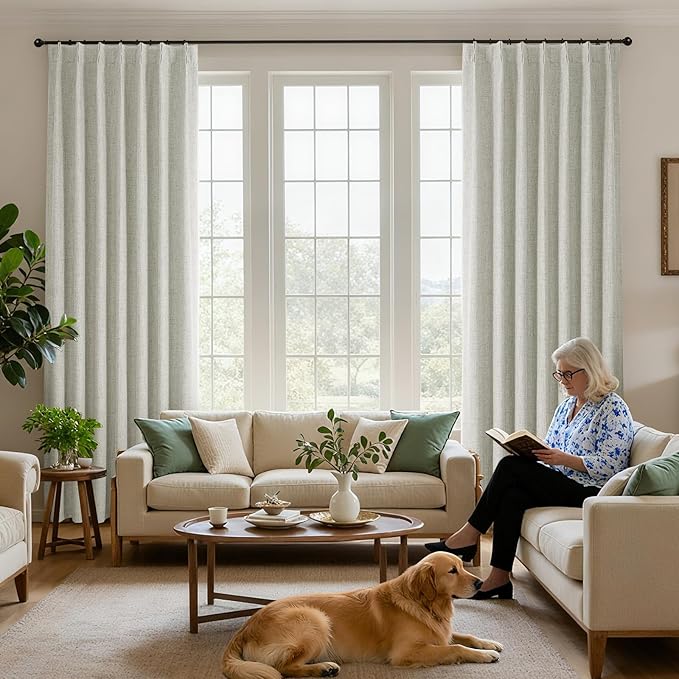 Joydeco Pinch Pleated Curtains - 100% Blackout for Bedroom, Light Beige Linen Curtains 40" W x 84" L, Thermal Insulated 2 Panels Light Blocking Drapes, Back Tabs for Living Room