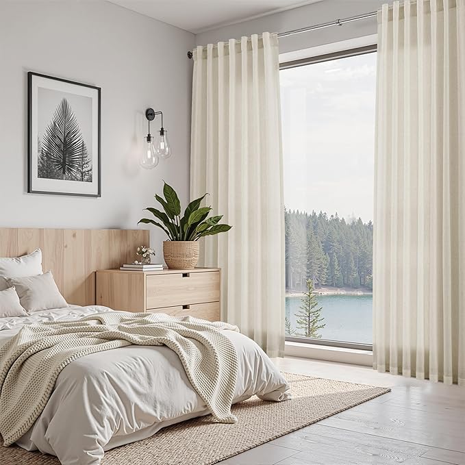Nanspring Vanilla 63 Inch Curtains for Living Room Linen Luxury Light Filtering Semi Sheer Curtain Back Tab Modern Farmhouse Decor Elegant Coastal Drapes for Bedroom Office 52x63, 2 Panels
