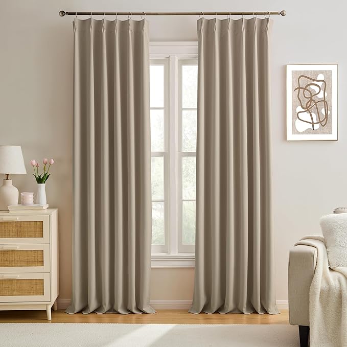KEQIAOSUOCAI Pinch Pleated Window Curtain Panels 92 Inches Long Light Blocking Solid Custom Made Pleated Curtains Hooks Track Privacy Memory Shape Drape for Living Room,Khaki,40x92, Set of 2