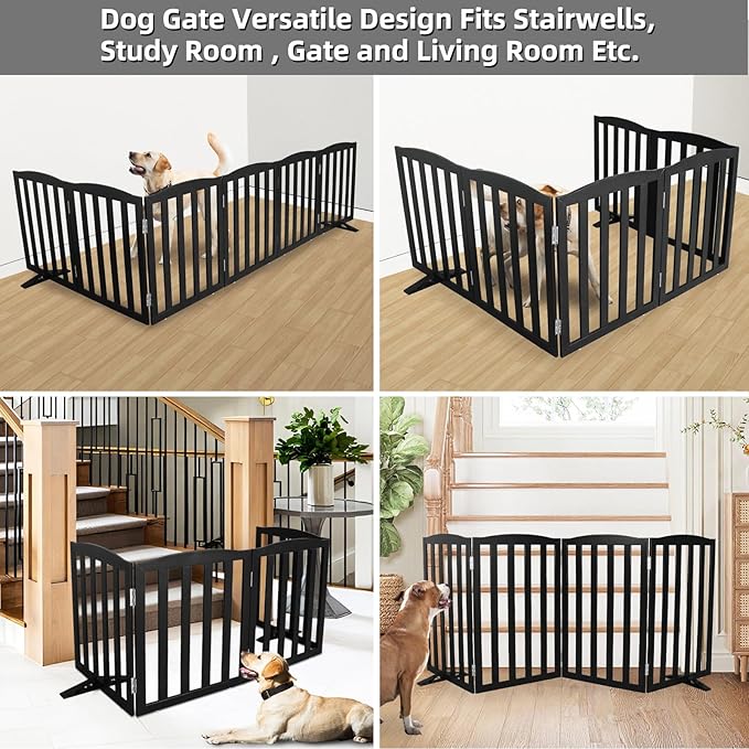 Freestanding Dog Gate Indoor,Doggie Gate Foldable Pet Gates for Doorways,Stairs or Hallways, Wooden Black Pet Gate for The House, Pet Fence with Support Feet Included,32 "Height-6 Panels