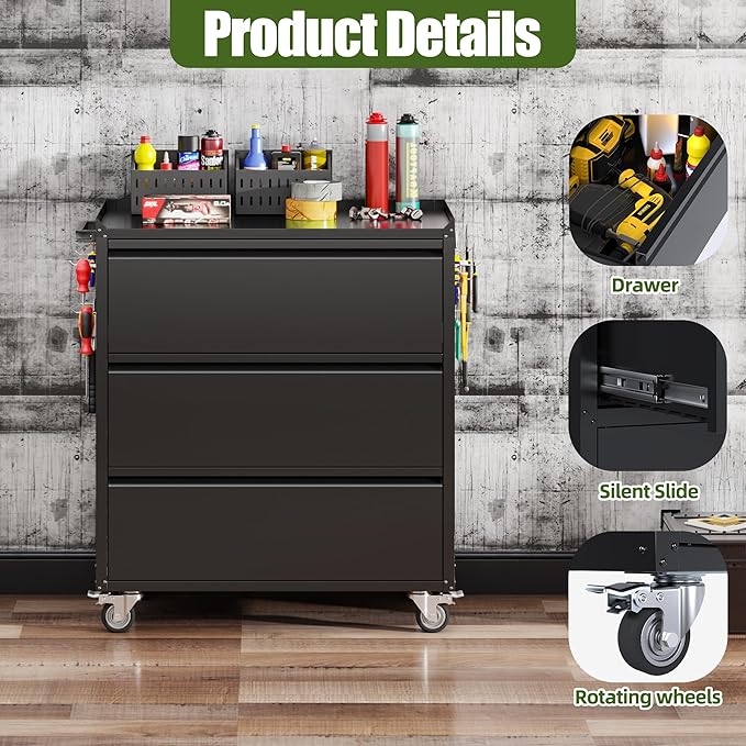 3 Drawers Rolling Tool Storage Cabinet with and Pegboard,35" H Metal Garage Storage Cabinet with Wheels for Garage, Home, Office,Assembly Required,Black