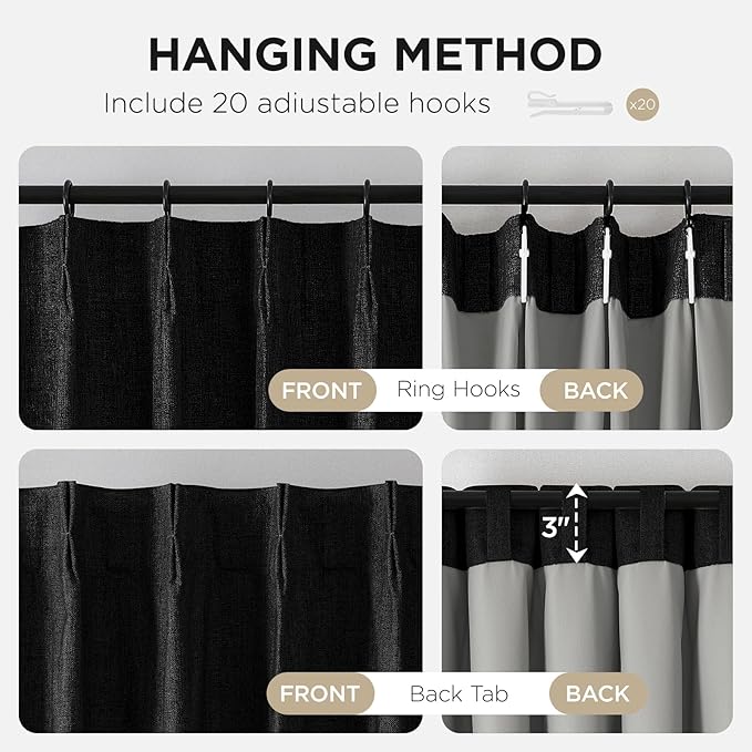 Joydeco Pinch Pleated Curtains - 100% Blackout for Bedroom, Black Linen Curtains 40" W x 96" L, Thermal Insulated 2 Panels Light Blocking Drapes, Back Tabs for Living Room