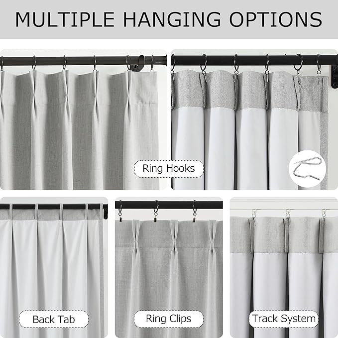 Vision Home Light Gray Pinch Pleated Full Blackout Curtains Linen Blended Room Darkening Curtain Panels 102 inch for Living Room Bedroom Thermal Insulated Pinch Pleat Drapes with Hooks 40" Wx102 Lx2