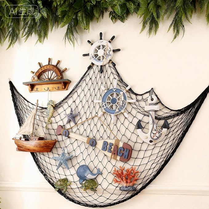 Decorative Fishing Net 80x40 Inch,Patioland Large Black Picture Fish Net, Wall Photo Hanging Fishnet for Nautical Mermaid Pirate Ocean Themed Hawaii Beach Under The Sea Party Decorations (1PCS)