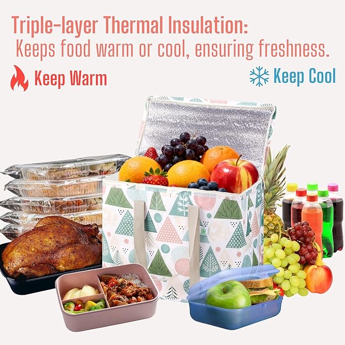 VENO 2 Pack Christmas Cooler Bag Insulated Reusable Grocery Shopping Bag, Food Delivery, Heavy Duty, Large Size, Durable Handles, Double Zippers, Lid, Collapsible (Pastel Forest, 2 Pack)