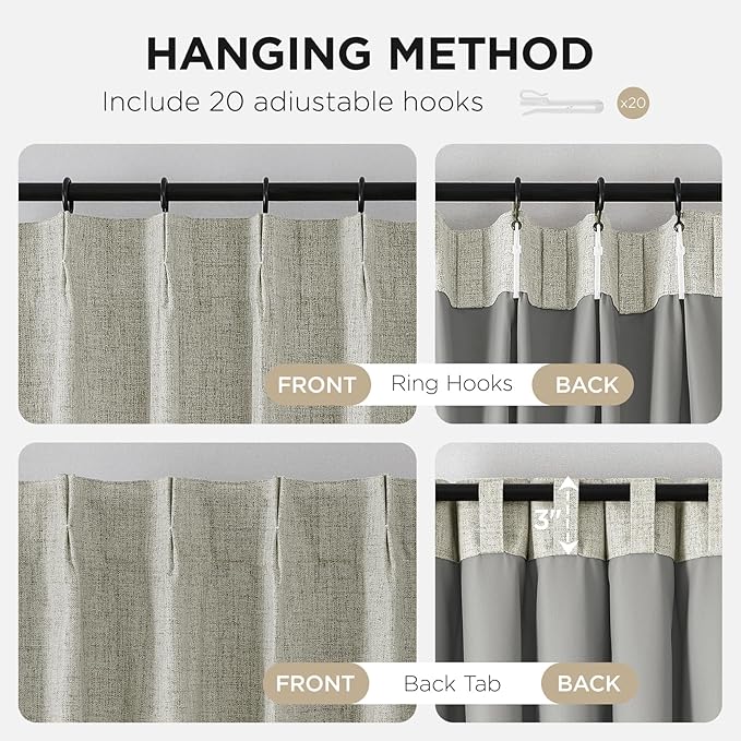 Joydeco Pinch Pleated Curtains - 100% Blackout for Bedroom, Light Beige Linen Curtains 40" W x 63" L, Thermal Insulated 2 Panels Light Blocking Drapes, Back Tabs for Living Room