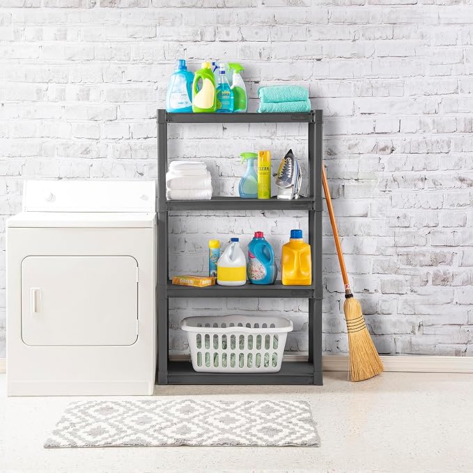 Sterilite 4-Shelf Plastic Storage Rack, Heavy Duty Shelving Unit for Garage, Gray