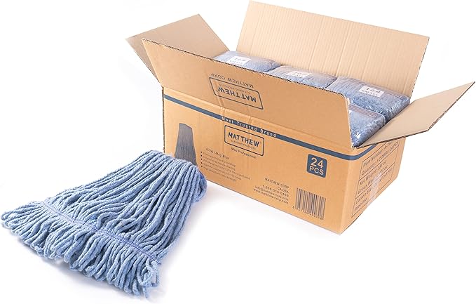 Matthew Cleaning Heavy Duty Mop Head Commercial Grade Replacement for General and Floor Cleaning, Wet Industrial Blue Cotton Looped End String Head Refills (Case of 24) Blue