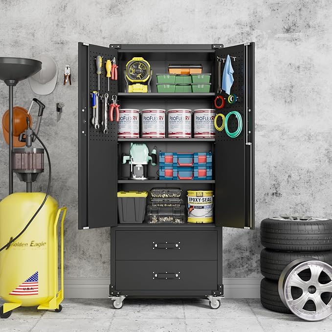 Aobabo Upgraded Metal Garage Storage Cabinet with Wheels and 2 Drawers, Lockable Rolling Tools Cabinet with Pegboards and Hooks,Assembly Required,Black